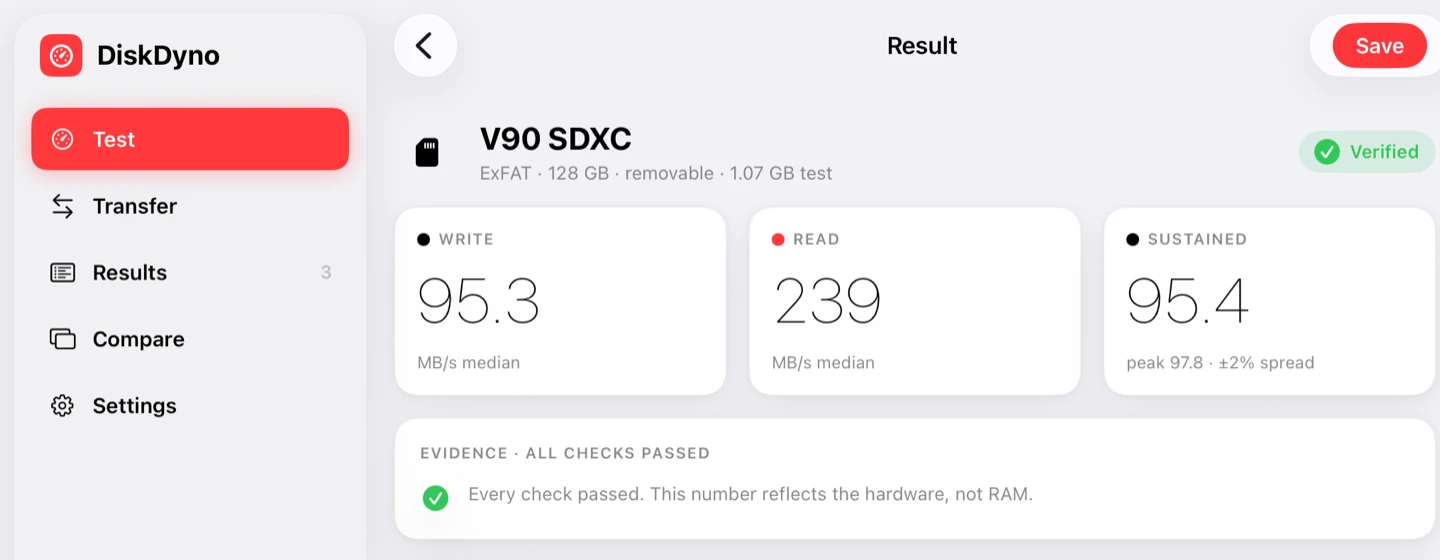 The DiskDyno sidebar on iPad next to a result, with the drive identified as V90 SDXC, ExFAT, 128 GB, removable.